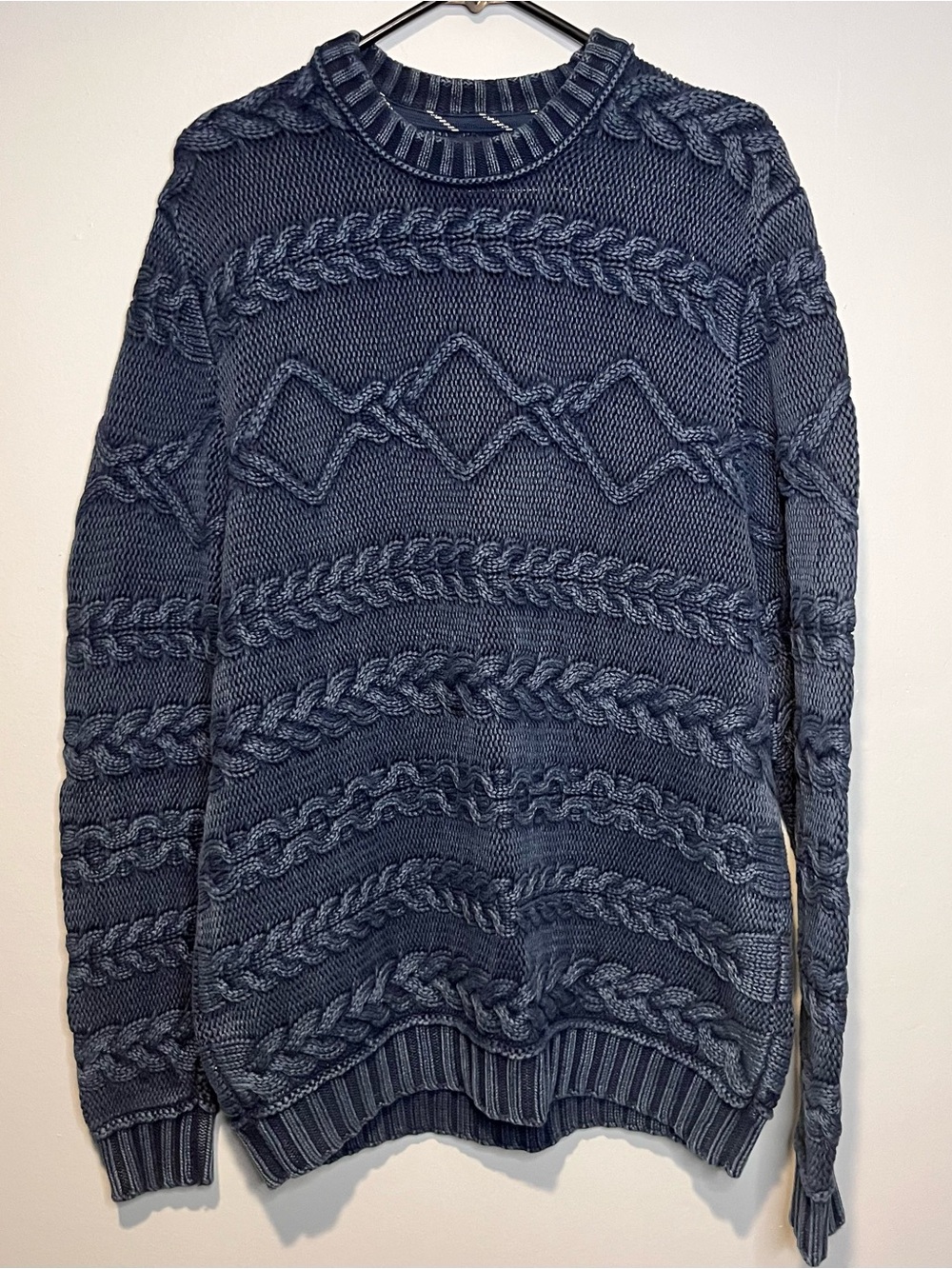 Lands’ End Men’s Large Cable Knit Sweater Blue Fisherman Pullover 100% Cotton